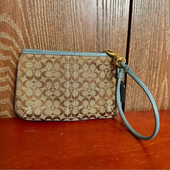 Coach Teal Monogram Wristlet Leather Canvas Small Purse Zip Pouch Cosmetic bag - Picture 5 of 8